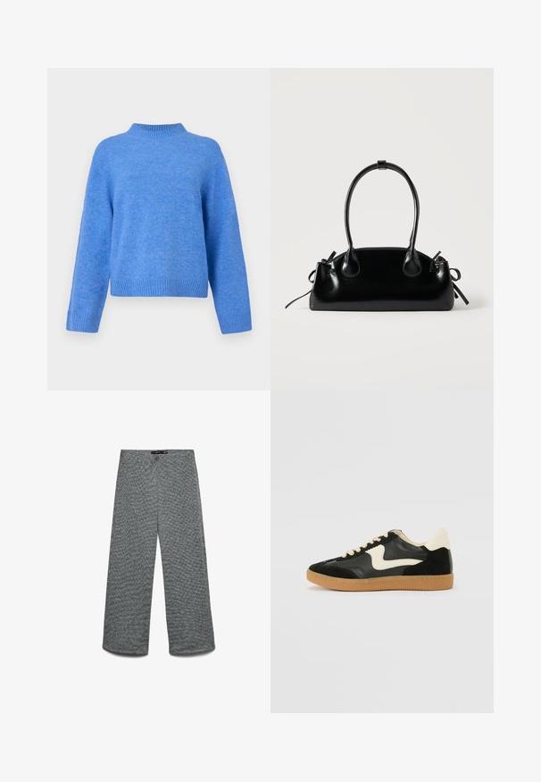 Pull en laine bleu à manches longues avec un col montant côtelé, des poignets et un ourlet, présenté sur un fond blanc uni.; Pantalon à jambes larges en tissu tricoté gris texturé. Doté d'une taille haute et de jambes droites, offrant une coupe décontractée.; Baskets en daim et cuir noir avec un swoosh latéral crème et un talon crème clair. Dotées de lacets beige et d'une semelle en caoutchouc gomme.; Petit sac à main noir brillant avec deux longues anses et des détails à cordon sur les côtés sur un fond clair uni.