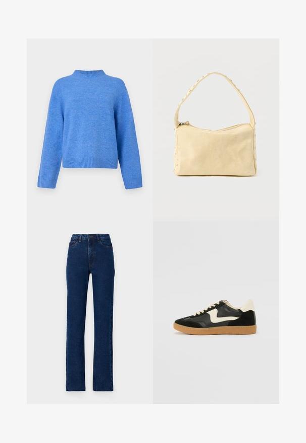 Blauwe wollen trui met lange mouwen en een geribde opstaande kraag, manchetten en zoom, gepresenteerd tegen een eenvoudige witte achtergrond.; Hoge taille donkerblauwe denim jeans met een rechte pijp, vijf zakken en contrasterende stiksels langs de naden.; Zwarte suède en leren sneaker met een crèmekleurige zij-swoosh en lichte crèmekleurige hiel. Voorzien van beige veters en een gumrubberen zool.; Kleine beige leren handtas met een enkele band en zilveren studs langs de randen en band, tegen een effen achtergrond.