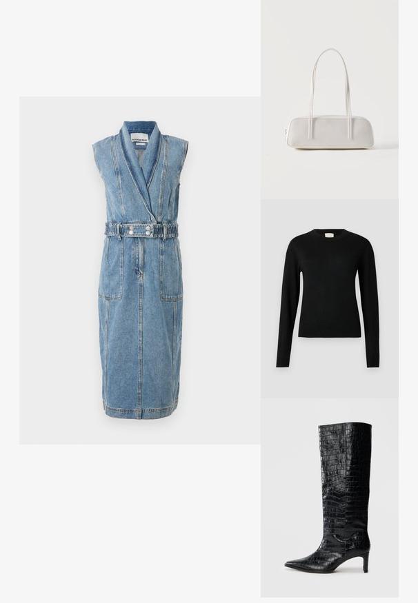 Suéter negro de punto con cuello redondo, mangas largas y un diseño ajustado, con una textura suave y un detalle minimalista.; Vestido de mezclilla con un escote en V pronunciado, diseño sin mangas, cintura ajustada con cinturón, dos bolsillos frontales y costuras en contraste. Color azul claro.; Botas negras de media caña con textura brillante de patrón de cocodrilo, punta afilada y tacón cónico. Material sintético liso.; Bolso de hombro rectangular blanco con correas largas y delgadas, costuras mínimas y cierre de cremallera sobre un fondo liso.