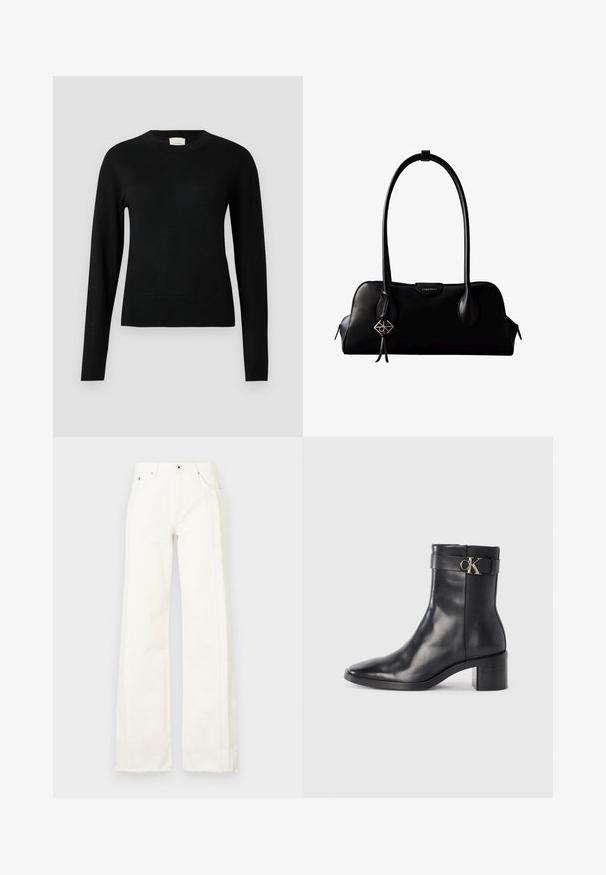 Suéter negro de punto con cuello redondo, mangas largas y un diseño ajustado, con una textura suave y un detalle minimalista.; Vaqueros blancos de pernera ancha, fabricados en denim, con bordes deshilachados a lo largo de los lados, bolsillos delanteros y un cierre clásico de botón y cremallera.; Bota de tobillo de cuero negra con punta afilada, tacón cuadrado y una correa con un detalle de logo metálico. Textura suave y diseño minimalista.; Bolso de mano negro de cuero Calvin Klein con asas largas, una etiqueta con el logo frontal y un colgante geométrico plateado que cuelga de una de las asas.