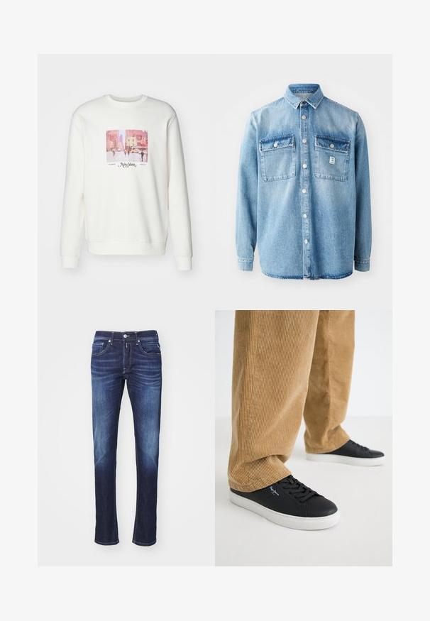 Weißes Sweatshirt mit einer quadratischen Grafik, die eine Stadtszene zeigt. Akzentuiert mit dem Text "New York" und "Seit 2013" unter dem Bild.; Hellblaues Denimhemd mit langen Ärmeln, Punktkragen, zwei Brusttaschen und Knopfverschluss vorne. Verfügt über eine dezente Stofftextur und Nähdetails.; Dunkelblaue Jeans aus Denim mit geradem Schnitt, ausgestattet mit fünf Taschen, einem Knopfverschluss und sanften Verwaschungen entlang der Oberschenkel.; Schwarze Ledersneaker mit weißen Gummisohlen. Getragen mit beigen Cordhosen, die vertikale Rippungen und eine lockere Passform aufweisen.