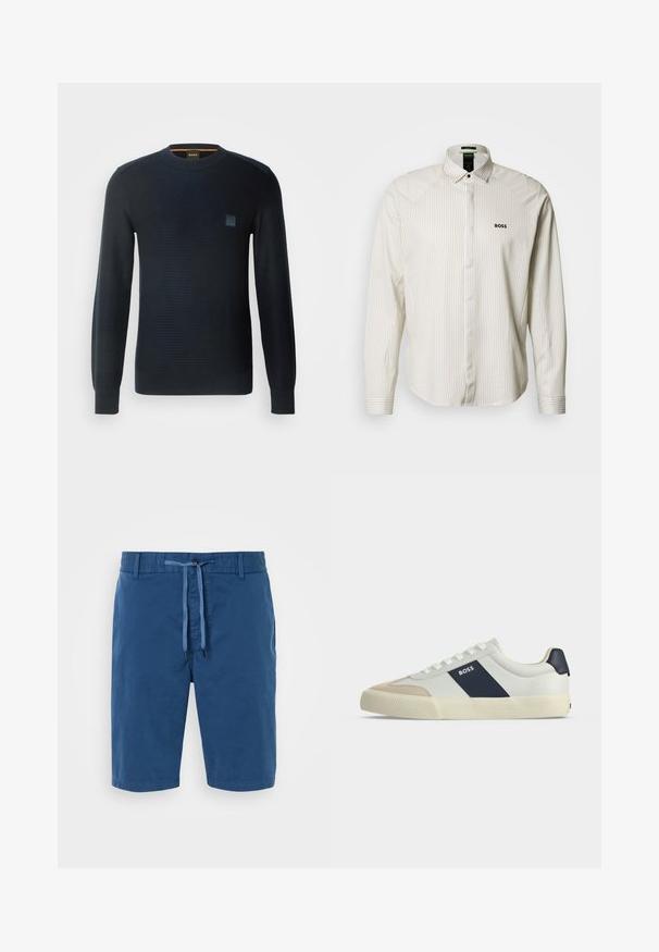 Gestreifter marineblauer Pullover mit langen Ärmeln, rundem Ausschnitt, strukturiertem Stoff und einem kleinen Logo-Patch auf der Brust.; Gestreiftes langärmeliges Hemd in Hellbeige und Weiß mit weiterem Kragen, Knopfleiste und gesticktem "BOSS"-Logo auf der Brust.; Blaue Baumwollshorts mit einem elastischen Bund, Kordelzug, Seitentaschen und einer glatten Textur. Keine Muster oder Akzente sichtbar.; Weißer Sneaker mit niedrigem Schaft, beiger Zehenkappe, dunkelblauem Seitenstreifen mit dem Schriftzug BOSS, weißen Schnürsenkeln und Gummisohle auf neutralem Hintergrund.
