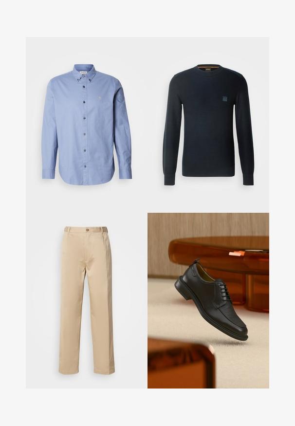 Suéter de punto azul marino con mangas largas, cuello redondo, tejido texturizado y un pequeño parche de logo en el pecho.; Camisa de botones azul claro con mangas largas, hecha de una tela suave. Presenta un cuello clásico, botones negros y un pequeño logo en el pecho.; Pantalones beige hechos de una tela ligera, con un diseño de pierna recta, cinturilla con trabillas y un solo botón en la parte frontal.; Zapato de vestir negro de piel con cordones y parte delantera texturizada, flotando sobre una alfombra beige en una habitación moderna con muebles de tono ámbar.