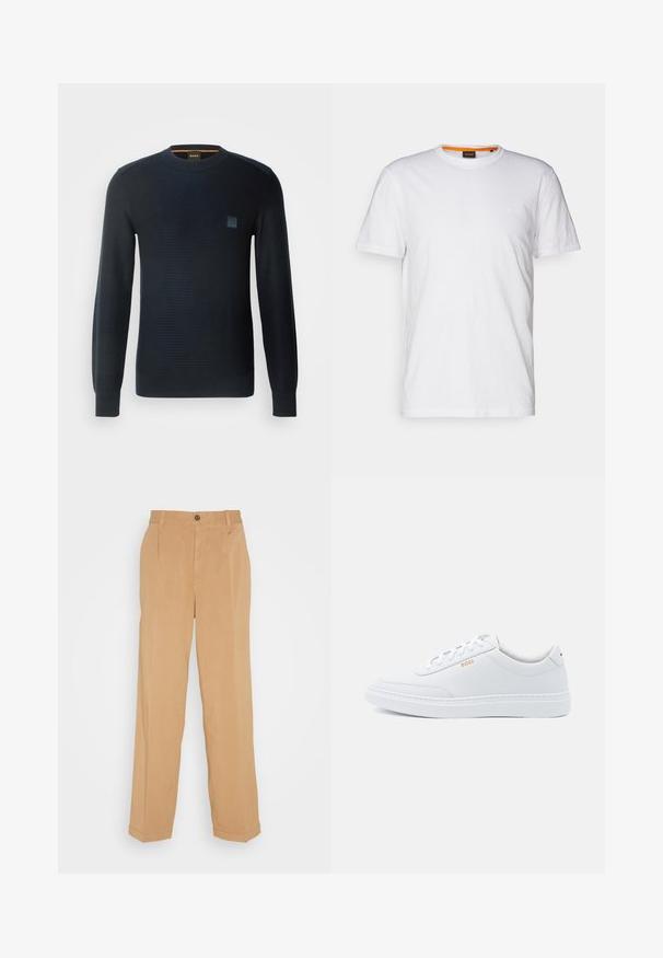 Pull en tricot bleu marine à manches longues, col rond, tissu texturé et un petit logo brodé sur la poitrine.; T-shirt en coton blanc avec un col rond, des manches courtes et un logo en relief subtil sur la poitrine. L'étiquette intérieure a une touche d'orange.; Pantalons larges beiges en tissu doux, dotés de deux poches avant, d'une fermeture à bouton et de plis le long des jambes.; Baskets blanches en cuir avec une texture lisse, bout rond et coutures tonales. Possède des lacets bleus et un logo doré sur le côté.