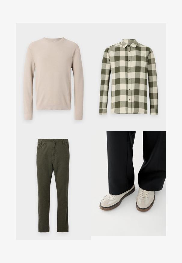 Beiger Pullover mit Rundhalsausschnitt und langen Ärmeln, mit gerippten Bündchen und Saum, versehen mit einem strukturierten Strickmuster.; Langarmhemd in einem grün-cream karierten Muster, aus leichtem Stoff, mit einem Button-Down-Kragen und vorderer Knopfleiste.; Gerade geschnittene Chino-Hosen in dunkelolivgrün mit vorderem Knopf- und Reißverschluss, seitlichen und kleinen schrägen Vordertaschen.; Füße mit beigen Sneakers mit braunen Sohlen und schwarzen Hosen mit weitem Bein auf weißem Hintergrund.