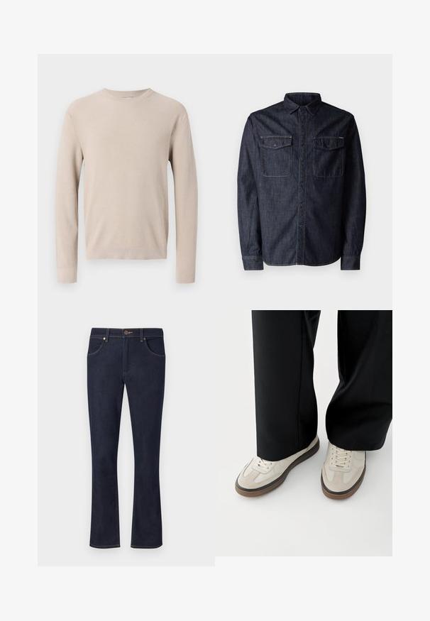 Beiger Pullover mit Rundhalsausschnitt und langen Ärmeln, mit gerippten Bündchen und Saum, versehen mit einem strukturierten Strickmuster.; Replay Hemd - dark blue; Dunkelblaue Denim-Jeans mit geraden Beinen, vorderer Knopfleiste, Gürtelschlaufen und Vordertaschen auf einfarbig hellem Hintergrund.; Füße mit beigen Sneakers mit braunen Sohlen und schwarzen Hosen mit weitem Bein auf weißem Hintergrund.