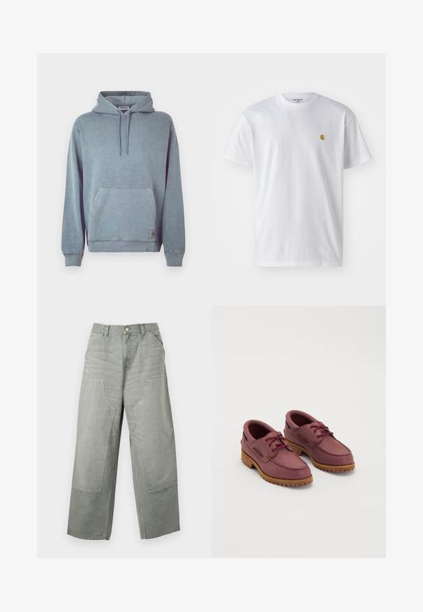 Sudadera con capucha azul claro hecha de una mezcla suave de algodón, con bolsillo tipo canguro, capucha con cordón, puños acanalados y un pequeño parche con logo.; Camiseta de algodón blanca con mangas cortas, cuello redondo, que presenta un pequeño logo dorado en la parte izquierda del pecho. Textura suave y corte regular.; Pantalones grises de corte holgado y cintura alta, con perneras anchas, grandes bolsillos delanteros de parche, trabillas para cinturón y cierre con botón.; Un par de zapatos de barco de cuero marrón oscuro con suelas de goma gruesas color beige y cordones rojos sobre un fondo blanco.