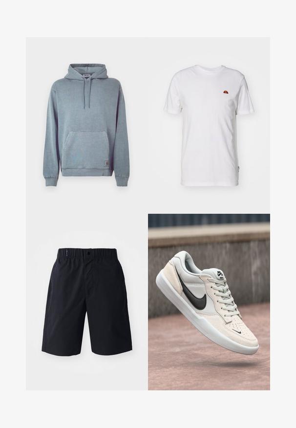 Lichtblauwe hoodie van zachte katoenmix, met een kangaroozak, capuchon met trekkoord, geribbelde manchetten en een klein logoplaatje.; Witte katoenen t-shirt met korte mouwen en een ronde hals. Bevat een klein kleurrijk logo op de linkerkant van de borst. Zachte textuur.; Zwarte shorts van lichtgewicht stof, met een rechte voorkant, een elastische tailleband en zijzakken. Eenvoudig ontwerp zonder patronen.; Nike SB sneaker in lichtgrijs en crème, met een bovenwerk van suede, zwarte swoosh, textuurdetails en een witte rubberen zool.