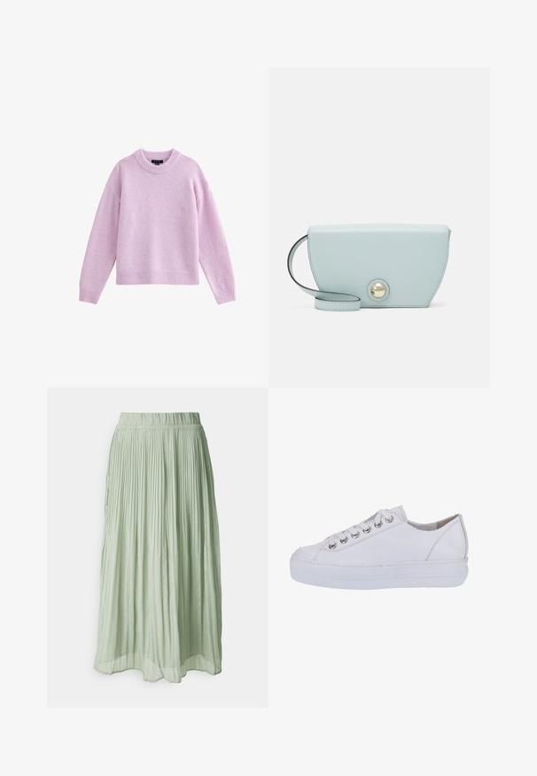 Jersey de color púrpura claro con cuello redondo, mangas largas y bordes acanalados. Textura suave, corte relajado y diseño minimalista.; Falda midi plisada de tela verde claro con una textura suave. Cintura elástica, diseño fluido y un brillo sutil en toda la prenda.; Zapatillas de cuero blanco con una textura suave, punta redonda y suela blanca elevada. Presentan ojales plateados y cordones planos.; Bolso de cuero azul claro con forma de media luna, que presenta un botón redondo dorado decorativo y una correa delgada. Textura suave, diseño minimalista.