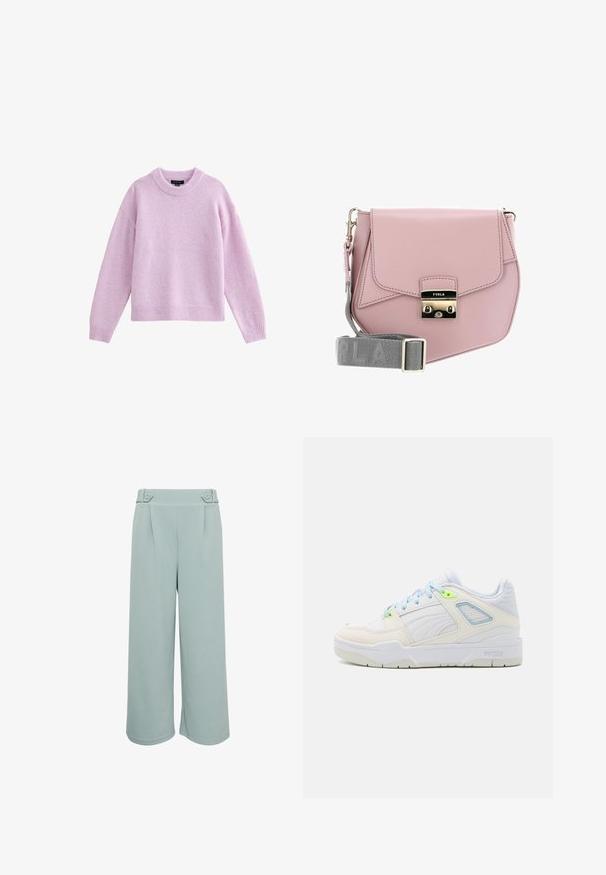 Pull violet clair avec un col rond, manches longues et bords côtelés. Texture douce, coupe décontractée et design minimaliste.; Pantalons larges bleu clair avec une texture lisse, dotés de deux plis à l'avant et d'accents de boutons décoratifs à la taille.; Baskets blanches avec des accents bleu clair et vert néon. Fabriquées en cuir lisse et en mesh, elles présentent un col rembourré et une semelle texturée.; Sac à bandoulière en cuir rose avec un rabat, quincaillerie argentée, et une bandoulière grise arborant le nom de la marque. Texture lisse, design minimaliste.