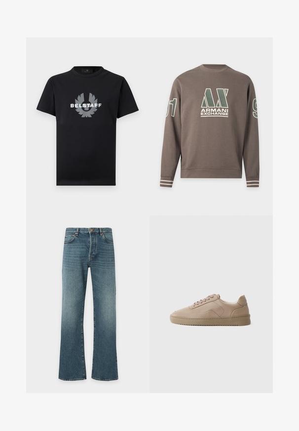 Sweat-shirt marron à manches longues avec le logo Armani Exchange sur la poitrine, le numéro 91 sur les manches et des rayures blanches aux poignets.; T-shirt noir à manches courtes avec col rond, orné d'un logo Belstaff argenté réfléchissant et d'un emblème ailé centré sur la poitrine.; Jean en denim bleu avec un léger évasement en bas, design classique à cinq poches, fermeture par bouton et fermeture éclair, et légère décoloration sur les cuisses.; Baskets en cuir beige avec lacets plats, finition lisse et semelle extérieure en caoutchouc texturé. Coutures sur le panneau latéral et design de orteil arrondi.