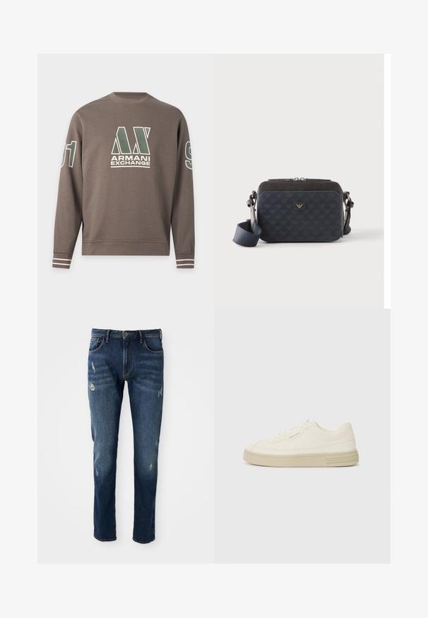 Brun langærmet sweatshirt med Armani Exchange-logo på brystet og tallet 91 på ærmerne samt hvide striber på manchetterne.; Mørkeblå denimjeans med slim fit, let slid på lår og knæ, klassisk fem-lomme design og knaplukning.; Hvide kanvas sneakers med en tekstureret gummisål, der har en syet tåhætte og logoaccent på hælen. Simpel snørebåndsdesign.; Rektangulær mørkeblå crossbody-taske med justerbar rem, lynlåslukning og diskret logomønster på frontpanelet.