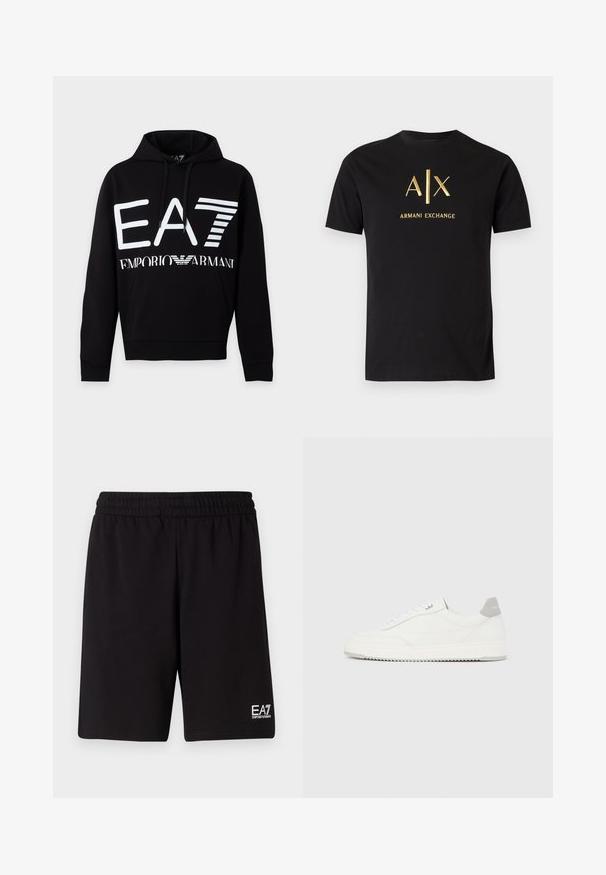 Sweat à capuche noir avec logo EA7 blanc et texte Emporio Armani sur le devant, avec une poche avant et une capuche à cordon.; T-shirt noir à manches courtes avec logo doré "A|X" et "Armani Exchange" centré sur la poitrine sur fond blanc.; Shorts de sport noirs en tissu doux, avec une taille élastique et un petit logo blanc en bas à droite.; Baskets basses blanches avec un onglet de talon gris, des lacets blancs et une semelle texturée, présentées sur un fond uni clair.