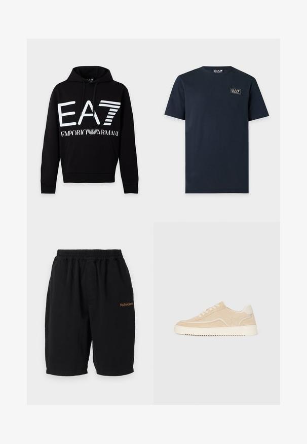 Sweat à capuche noir avec logo EA7 blanc et texte Emporio Armani sur le devant, avec une poche avant et une capuche à cordon.; T-shirt bleu marine manches courtes avec un petit patch logo EA7 Emporio Armani sur la poitrine gauche.; Shorts en coton noirs avec une taille élastique, coupe droite et poches latérales. Présente l'inscription "No Problemo" brodée en orange sur le devant.; Baskets en daim beige avec semelle et lacets blancs, design basse, et motif de semelle en zigzag.