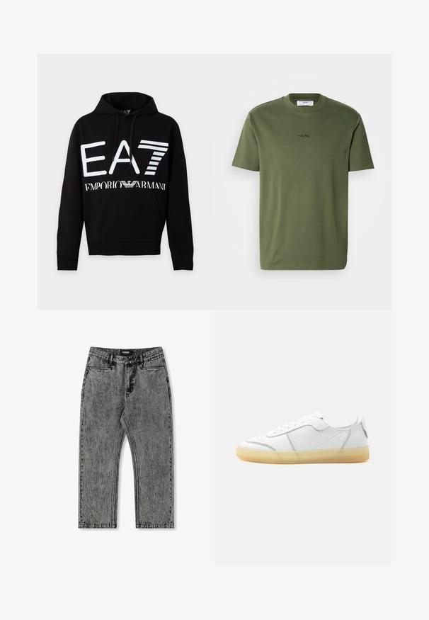 Schwarzer Hoodie mit weißem EA7-Logo und Emporio Armani Schriftzug auf der Vorderseite, mit Kängurutasche und Kordelzug an der Kapuze.; Olivgrünes Baumwoll-T-Shirt mit Rundhalsausschnitt und kurzen Ärmeln; verfügt über dezente Stickerei auf der Brust. Glatte Textur, reguläre Passform.; Graue Denim-Jeans mit einem verranzten Finish, geradem Bein Design und fünf Taschen. Mit einem Etikett mit "FORMER" am Bund.; Weißer flacher Ledersneaker mit beiger durchsichtiger Sohle, Schnürung vorne und minimalen Nähten, seitlich auf schlichtem Hintergrund gezeigt.