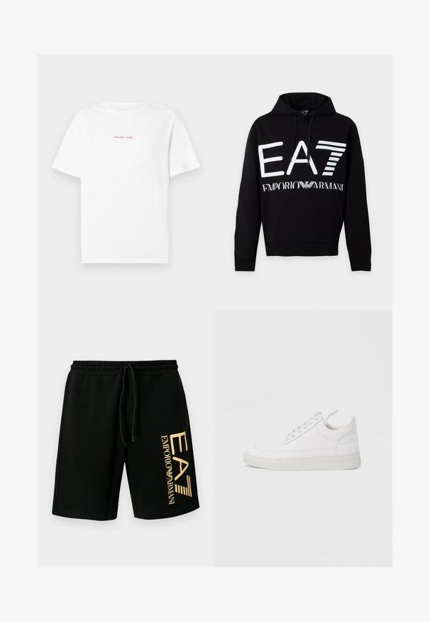 Sweat à capuche noir avec logo EA7 blanc et texte Emporio Armani sur le devant, avec une poche avant et une capuche à cordon.; T-shirt blanc à manches courtes avec col rond, featuring un petit texte rose "MICHAEL KORS" centré sur la poitrine sur un fond uni.; Shorts en coton noirs avec une taille élastique et un cordon de serrage. Présentent un logo doré imprimé sur le côté gauche. Texture lisse.; Baskets en cuir blanc avec un embout arrondi, une semelle plate et un laçage à l'avant. Présentent des détails de couture et un col rembourré pour plus de confort.
