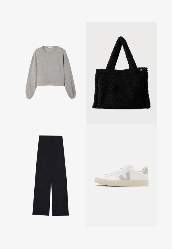 Sweatshirt gris raccourci avec un col rond, des manches ballon longues et une texture côtelée. Le matériau principal semble doux et décontracté.; Pantalons amples en bleu marine foncé avec une texture côtelée verticale. Dotés d'une taille lisse et d'une coupe droite, offrant un ajustement décontracté.; Baskets blanches en cuir avec des accents gris en forme de V, semelle en caoutchouc texturé, lacets blancs, et languette et col rembourrés.; Sac fourre-tout en fausse fourrure noire avec une texture douce, des poignées courtes et une forme rectangulaire. Présente une petite étiquette logo sur un côté.