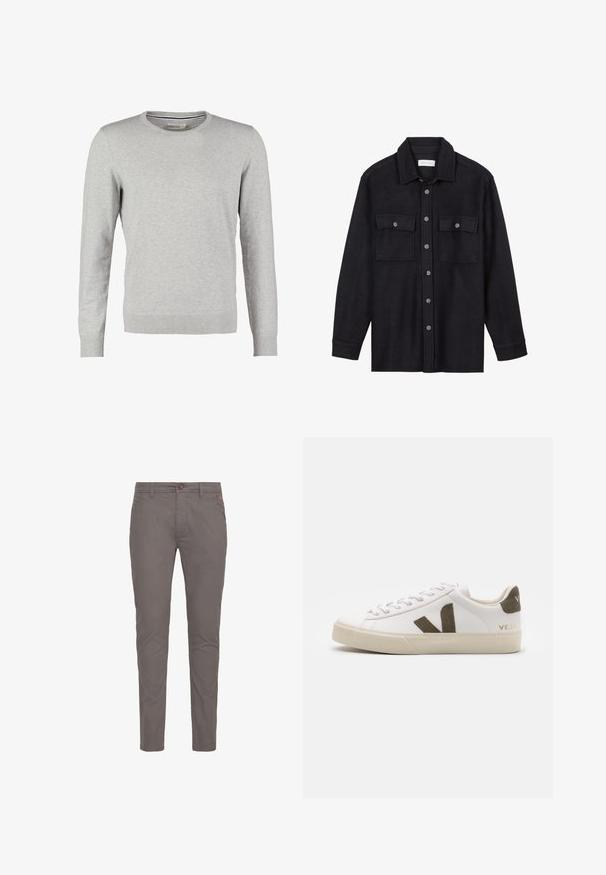 Grå sweater med lange ærmer, rund halsudskæring, ribbede manchetter og kant. Fremstillet af et glat strikmateriale med en ensartet tekstur. Ingen mønstre eller accenter.; Sort uldt skjortejakke med spids krave, knapper foran og to brystlommer. Har tonale knapper og en afslappet pasform.; Grå bomulds chinos med lige pasform, der har knaplukning, standardlommer og minimalistisk design. Glat tekstur og ingen mønstre.; Hvide læder sneakers med en lys beige gummisål. Har en brun ruskinds V-logo og hælflap. Snørret lukning med en struktureret overflade.