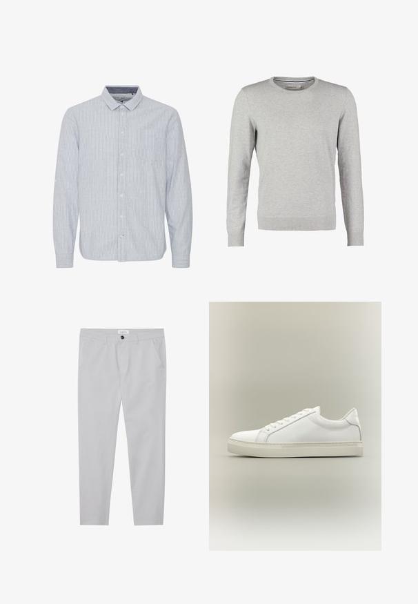 Pull gris à manches longues, col rond, avec des poignets et un ourlet côtelés. Fait d'un tissu en maille lisse avec une texture uniforme. Pas de motifs ni d'accents.; Chemise bleu clair à manches longues avec des rayures verticales blanches, col, poche poitrine simple et option de manches retroussées. Tissu en coton.; Pantalons gris clair en tissu doux, avec une coupe ajustée, deux poches avant, une fermeture à bouton et des détails de texture subtils.; Baskets blanches basses à lacets sur l’avant et semelle épaisse, vues de côté sur un fond neutre.