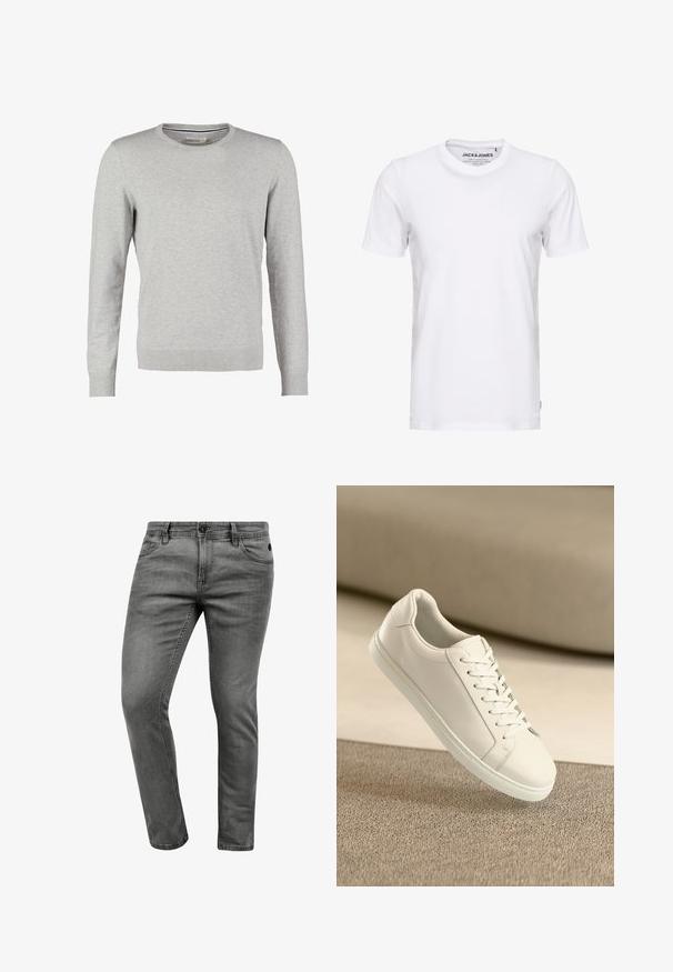 Šedý sveter s dlhými rukávmi, okrúhlym výstrihom, rebrovanými manžetami a lemom. Vyrobený z hladkého pleteného materiálu s uniformnou textúrou. Bez vzorov alebo akcentov.; Biele tričko s krátkym rukávom vyrobené z bavlny, s okrúhlym výstrihom a jednoduchým dizajnom. Na oblasti krku je viditeľná značka. Bez vzorov alebo akcentov.; Sivé džíny z denimu s úzkym strihom, obsahujúcim päť vreciek, gombíkovým zapínaním a jemnými švovými detailami. Mäkká textúra a čistý dizajn.; Biele kožené tenisky s bielymi šnúrkami, vystavené na béžovom textúrovanom povrchu a s jemne rozostreným pozadím.