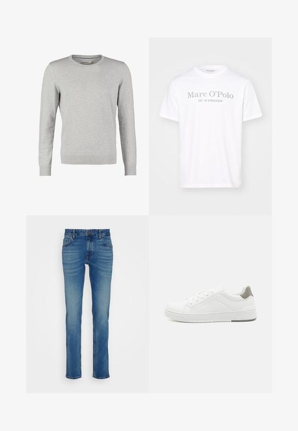 Grauer Pullover mit langen Ärmeln, rundem Halsausschnitt, gerippten Bündchen und Saum. Hergestellt aus einem glatten Strickmaterial mit einheitlicher Textur. Keine Muster oder Akzente.; Weißes Baumwoll-T-Shirt mit rundem Halsausschnitt, kurzen Ärmeln und grauem Drucktext, der "Marc O’Polo EST. IN STOCKHOLM." lautet.; Blaue Denim-Jeans mit geradem Bein, fünf Taschen und einem Knopfverschluss an der Taille, mit leichtem Verblassen und Whisker-Effekten.; Weißer Sneaker aus glattem Leder, runde Zehenpartie, minimalistisches Design, graue Fersenkante und strukturierte Gummisohle.