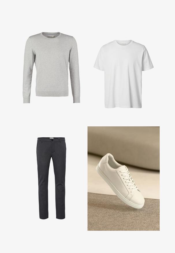 Pull gris à manches longues, col rond, avec des poignets et un ourlet côtelés. Fait d'un tissu en maille lisse avec une texture uniforme. Pas de motifs ni d'accents.; T-shirt blanc uni à manches courtes, col rond, coupe décontractée, sans logos ni motifs visibles à l'avant.; Pantalons slim gris foncé en tissu texturé, dotés d'une fermeture à bouton, de passants de ceinture et de poches latérales pour un usage pratique.; Baskets en cuir blanc avec des lacets blancs, exposées sur une surface beige texturée et avec un arrière-plan flou doux.