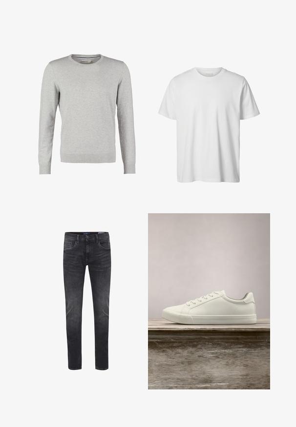 Pull gris à manches longues, col rond, avec des poignets et un ourlet côtelés. Fait d'un tissu en maille lisse avec une texture uniforme. Pas de motifs ni d'accents.; T-shirt blanc uni à manches courtes, col rond, coupe décontractée, sans logos ni motifs visibles à l'avant.; Jean slim fit homme gris foncé délavé avec poches avant et arrière, fermeture par bouton et passants pour ceinture.; Sneaker en dentelle blanche flottant au-dessus d'un banc en bois avec un feuillage vert en arrière-plan, mettant en valeur le design et la texture de la chaussure.