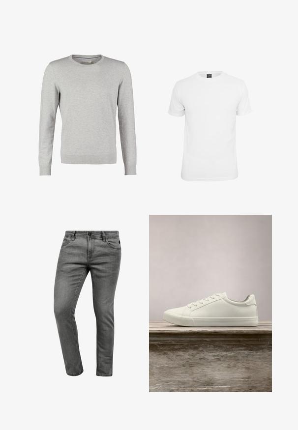 Grijze trui met lange mouwen, ronde halslijn, ribbels aan de manchetten en onderkant. Gemaakt van een soepele gebreide stof met een uniforme textuur. Geen patronen of accenten.; Witte t-shirt met korte mouwen, gemaakt van katoen, voorzien van een ronde hals en een soepele textuur, ontworpen voor casual gebruik.; Grijze denim jeans met een slim fit, voorzien van vijf zakken, een knoopsluiting en subtiele stikseldetails. Zachte textuur en een strakke uitstraling.; Witte vetersneaker die boven een houten bank zweeft met groene bladeren op de achtergrond, waarbij het ontwerp en de textuur van de schoen worden getoond.