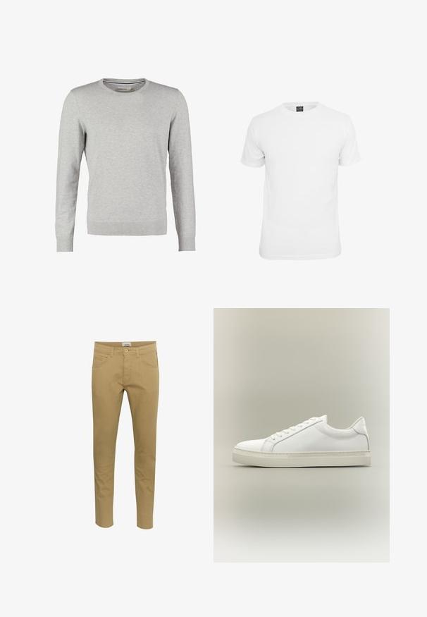 Grauer Pullover mit langen Ärmeln, rundem Halsausschnitt, gerippten Bündchen und Saum. Hergestellt aus einem glatten Strickmaterial mit einheitlicher Textur. Keine Muster oder Akzente.; Weißes T-Shirt mit kurzen Ärmeln, aus Baumwolle, mit Rundhalsausschnitt und glatter Textur, entworfen für lässige Kleidung.; Beige Chinos im Slim-Fit. Hergestellt aus einem Baumwollmischgewebe, mit zwei seitlichen Taschen und einer einzelnen Gesäßtasche, abgeschlossen mit einer Knopfschließe.; Weißer Sneaker mit niedrigem Schaft, vorn mit Schnürung und dicker Sohle, aus der Seitenansicht vor neutralem Hintergrund.