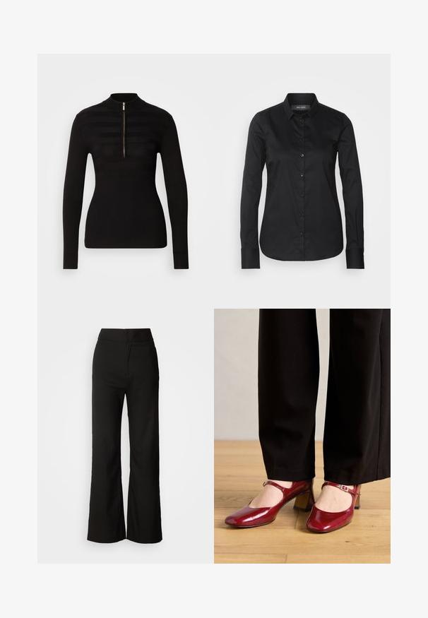 Jersey de polo negro de manga larga con media cremallera, que presenta un patrón de rayas horizontales y textura acanalada en los puños y el bajo.; Mos Mosh TILDA SHIRT - Blusa - black; Pantalones de pierna ancha negros con una textura suave, cintura alta y un diseño limpio. Sin bolsillos visibles ni adornos.; Zapatos de tacón Mary Jane de charol rojo con punta cuadrada, una correa en el empeine y un tacón bajo en bloque. Combinados con pantalones negros.