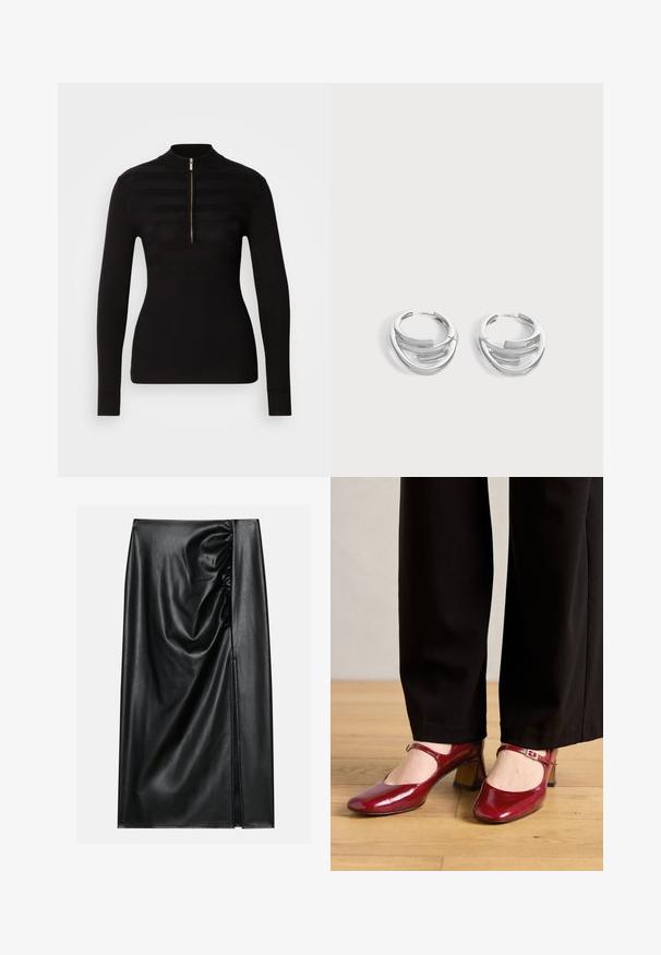 Pull polo noir à manches longues avec demi-fermeture éclair, présentant des motifs de rayures horizontales et une texture côtelée aux poignets et à l'ourlet.; Jupe en cuir noir avec une texture lisse, présentant une section froncée sur un côté et une fente sur le côté pour un détail supplémentaire.; Talons Mary Jane en cuir verni rouge avec un bout carré, une sangle sur le cou-de-pied et un petit talon bloc. Portés avec un pantalon noir.; Paire de boucles d'oreilles anneaux en argent poli avec un design de barre incurvée superposée sur un fond clair uni.