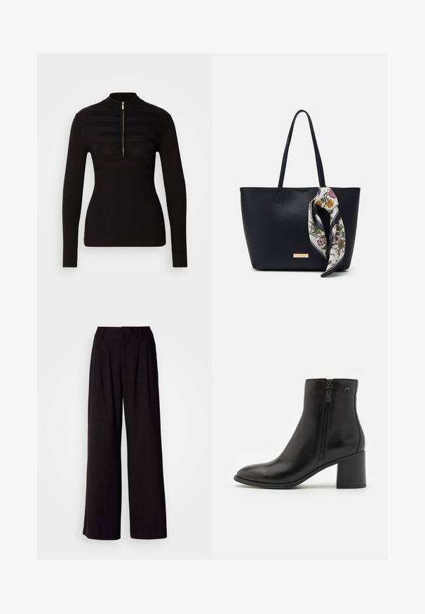 Sort langærmet polo sweater med halvlukning, prydet med vandrette stribemønstre og ribbet tekstur ved ærmerne og kanten.; Sorte bukser med vid benvidde lavet af glat stof, med folder foran, en tætsiddende talje og uden synlige mønstre eller detaljer.; Sorte ankelstøvler lavet af glat læder med en lynlås på siden. De har en spids tå og en tekstureret blokhæl for stabilitet.; Sort læder tote taske med to skulderremme, prydet med et blomsterprint silkeslør bundet om håndtaget og en metallisk logo detalje på forsiden.