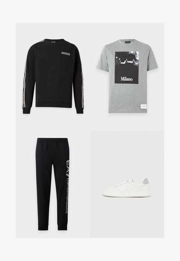 Čierna mikina s dlhým rukávom a okrúhlym výstrihom s logom EA7 Emporio Armani na hrudi a značkovými pásikmi na oboch rukávoch.; Šedé bavlnené tričko s čiernobielou grafickou potlačou a textom "Milano". Krátke rukávy a okrúhly výstrih, štandardný strih.; Čierne tepláky vyrobené z bavlnenej zmesi, s elastickým pásom, zúženými nohavicami, ribovanými manžetami a bielym logom na boku.; Biela nízka teniska so sivým pätovým pásikom, bielymi šnúrkami a členitou podrážkou, zobrazená na jednoduchom svetlom pozadí.