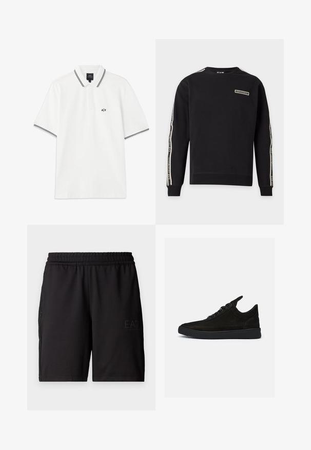 Sort langærmet crewneck-sweatshirt med EA7 Emporio Armani-logo på brystet og mærkede striber langs begge ærmer.; Hvid polo t-shirt med krave, korte ærmer, sort kant på kraven og ærmerne samt et lille sort logo på venstre bryst.; Sorte sportshorts lavet af letvægtsstof, med en elastisk talje og mesh-sidelapper. Brandlogo trykt foran.; Sorte ruskind sneakers med lav profil, rund tå og struktureret gummisål. Har fem snøringer og en bageste pull tab.