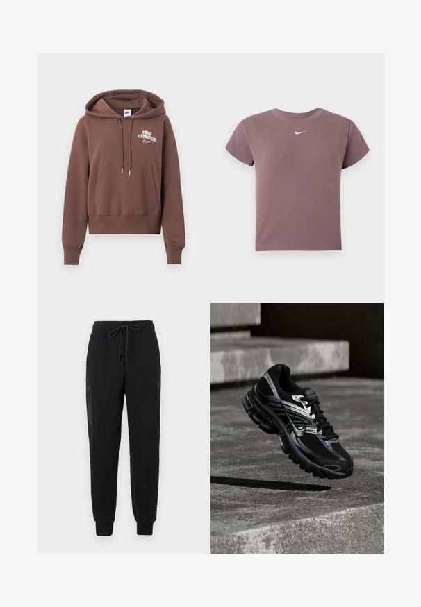 Pruun kapuutsiga dressipluus, mis on valmistatud pehmest kangast, sisaldab kängurutaskut, nööriga kapuutsi ning valget "Nike Athletics" logo rinnal.; Lillakas ribaga lühikeste varrukatega lühikene topp, millel on ümar kaelus ja väike valge Nike logo, mis on paigutatud kaeluse alla keskele.; Mustad mustad teksad, millel on reguleeritav vöökoht, lukuga küljetasku ja kitsenevad varrukad. Valmistatud pehmest, tekstuuriga kangast.; Must ja hõbedane Nike jooksujalats hõljub betoonastmete kohal, kuvades üksikasjalikku disaini ja tekstuuri tallal õues.