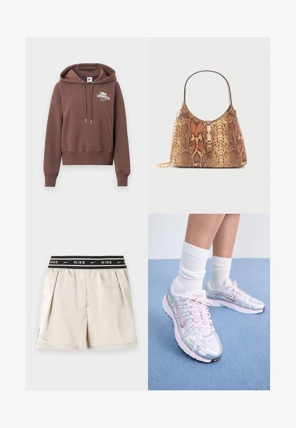 Brun hættetrøje lavet af blødt stof, med en kængurulomme, snører ved hætten og hvidt "Nike Athletics"-logo på brystet.; Lyse beige Nike-shorts med sort elastik i taljen med hvidt Nike-logo og swoosh-mønstre, vist mod en ensfarvet baggrund.; Nike løbesko med sølvnetoverdel og pink detaljer, hvide snørebånd og en struktureret sål. Båret sammen med hvide bomulds sportsstrømper.; Skuldertaske med slangeprint og en buet form, der har en lås i guldton og en kæderem. Materialet har en blank finish med teksturerede detaljer.