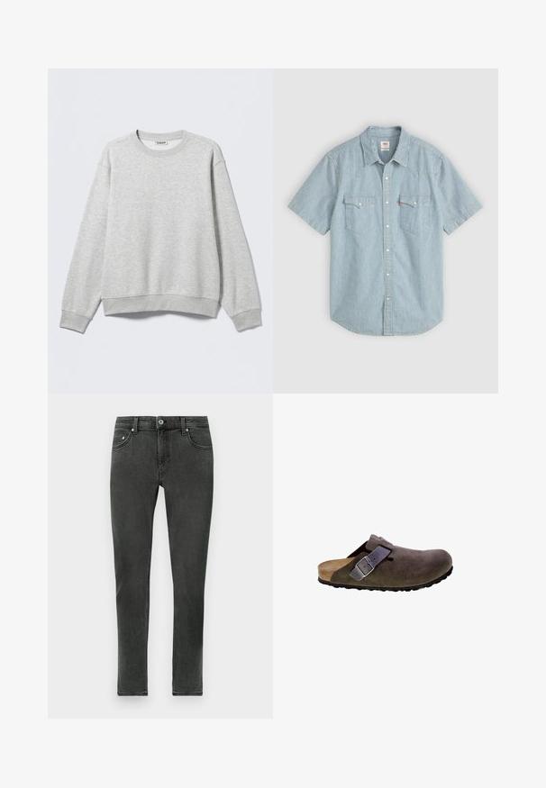 Sweat-shirt gris en mélange de coton doux. Encolure ronde côtelée et poignets, avec une coupe décontractée. Pas de motifs visibles ni de détails métalliques.; Chemise à manches courtes bleu clair à rayures blanches, dotée d'un col traditionnel, de deux poches poitrine et d'une fermeture à boutons. Matière coton.; Jean skinny gris foncé en denim à la texture lisse, présentant un fermeture à boutons classique et un design standard à cinq poches.; Sabot en daim marron avec un bout rond, sangle ajustable avec une boucle métallique et une semelle en caoutchouc noir texturé.