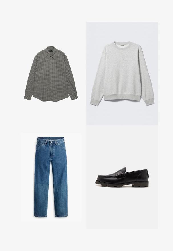 Sweat-shirt gris en mélange de coton doux. Encolure ronde côtelée et poignets, avec une coupe décontractée. Pas de motifs visibles ni de détails métalliques.; Chemise boutonnée à manches longues avec un col classique et un petit motif à carreaux dans des nuances de gris et de marron.; Jean en denim bleu à jambes droites avec poches avant, passants pour ceinture, bouton métallique et fermeture éclair sur fond blanc.; Mocassins en cuir noir avec un bout arrondi, des coutures décoratives et une semelle texturée pour une meilleure adhérence. Talon légèrement surélevé.