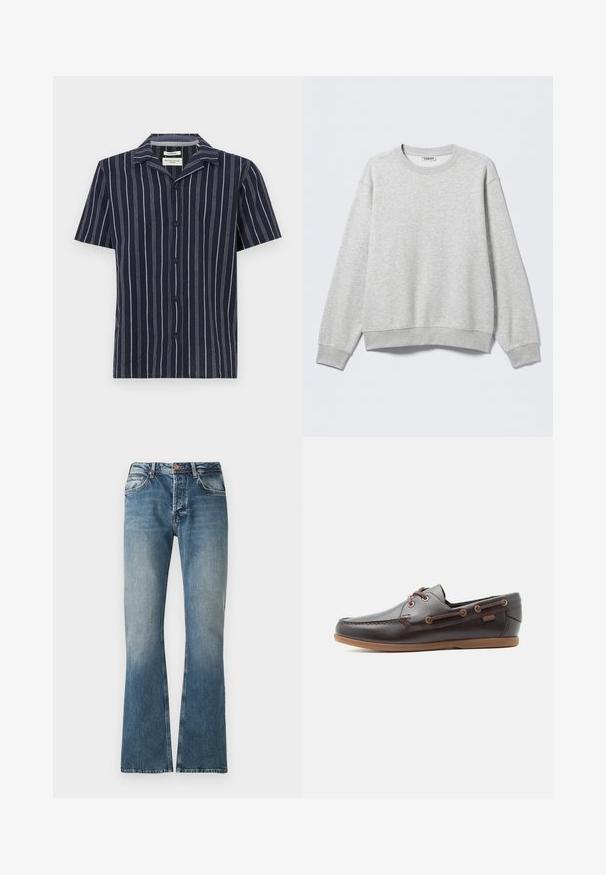 Sudadera gris hecha de una suave mezcla de algodón. Cuello redondo y puños acanalados, con un ajuste relajado. Sin patrones visibles ni detalles metálicos.; Camisa de manga corta de color navy con rayas verticales blancas, cuello con muesca y botones negros en el frente. Fabricada con un tejido ligero.; Jeans de mezclilla azul con efecto desgastado, corte recto, cierre de botón y cremallera, y diseño de cinco bolsillos.; Zapato náutico de cuero marrón oscuro con costuras moc toe, lados atravesados por cordones y suela de goma color canela, mostrado de perfil sobre fondo blanco.