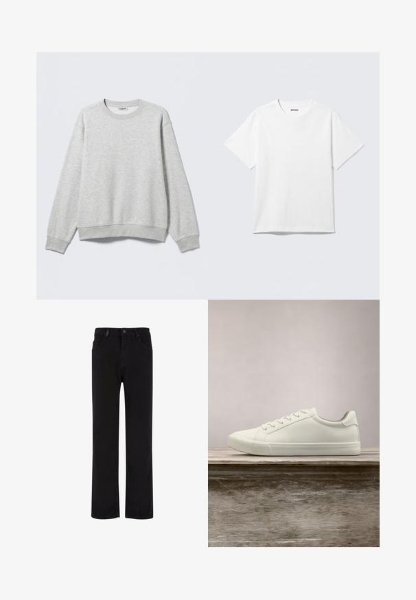 Grijze sweatshirt gemaakt van een zachte katoenmenging. Geribde ronde hals en manchetten, met een ontspannen pasvorm. Geen zichtbare patronen of hardwaredetails.; Witte T-shirt met korte mouwen en ronde hals, plat gelegd, effen ontwerp, met een "WEEKDAY" label in de kraag op een lichte achtergrond.; Zwarte denim broek met een recht model, voorzien van een knoopsluiting, riemlussen en voorzakken. Gladde textuur en uniforme kleur.; Witte vetersneaker die boven een houten bank zweeft met groene bladeren op de achtergrond, waarbij het ontwerp en de textuur van de schoen worden getoond.