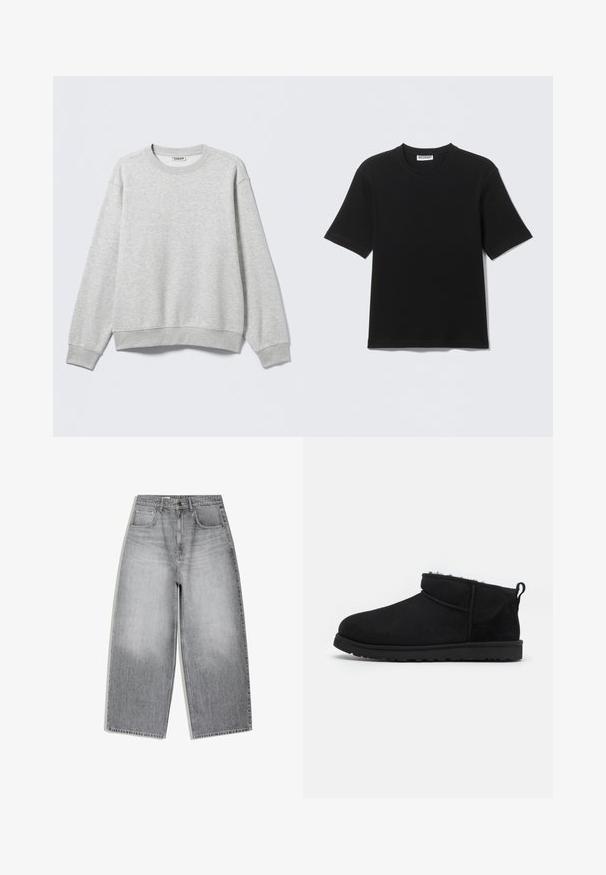 Grå sweatshirt lavet af blød bomuldsblanding. Ribstrikket rund hals og manchetter med en afslappet pasform. Ingen synlige mønstre eller hardware-detaljer.; Sort kortærmet T-shirt med rund hals og "WEEKDAY" mærke på indersiden af kraven, vist fladt på en lys baggrund.; Grå højtaljede cowboybukser med vidde ben, forlommer og knaplukning vist fladt på en hvid baggrund.; Sorte ruskind ankelstøvler med en blød, tekstureret foring, lavprofilgummi sål og en løkke bagpå for nem påtagning.
