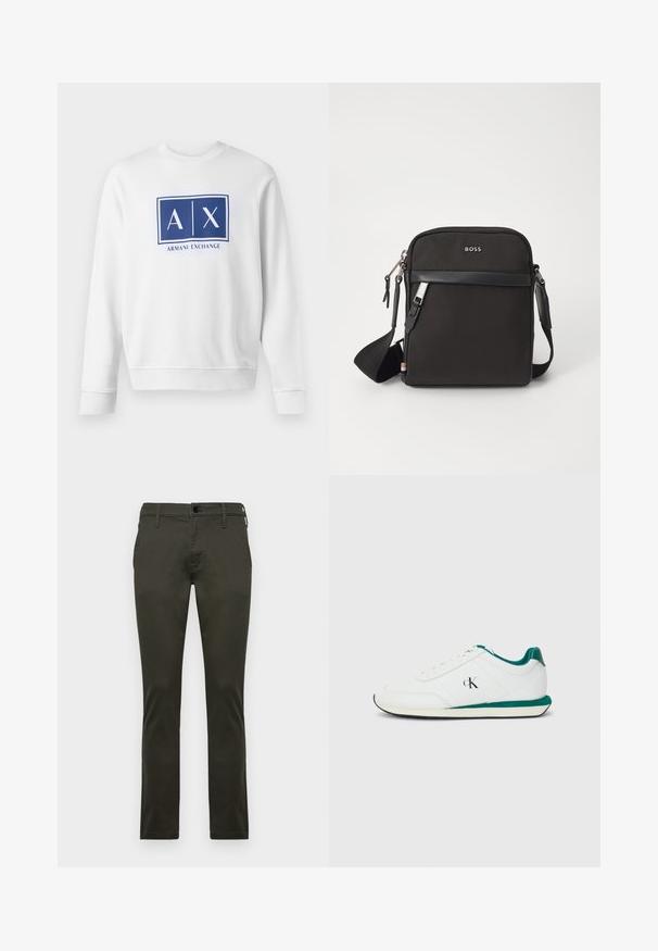 Hvid sweatshirt med lange ærmer og en blå rektangulær logo, der viser "A | X" over teksten "Armani Exchange" på brystet.; Khaki chinos med en slank pasform, lavet af blødt bomuldsstof. Har en standard knaplukning og bæltestropper. Flad frontdesign.; Calvin Klein Jeans RETRO RUNNER - Sneakers - bright white/galapagos; Sort crossbody taske med et struktureret stof, logo på fronten, lynlås lukning og justerbar rem. Har en glat læderkant.