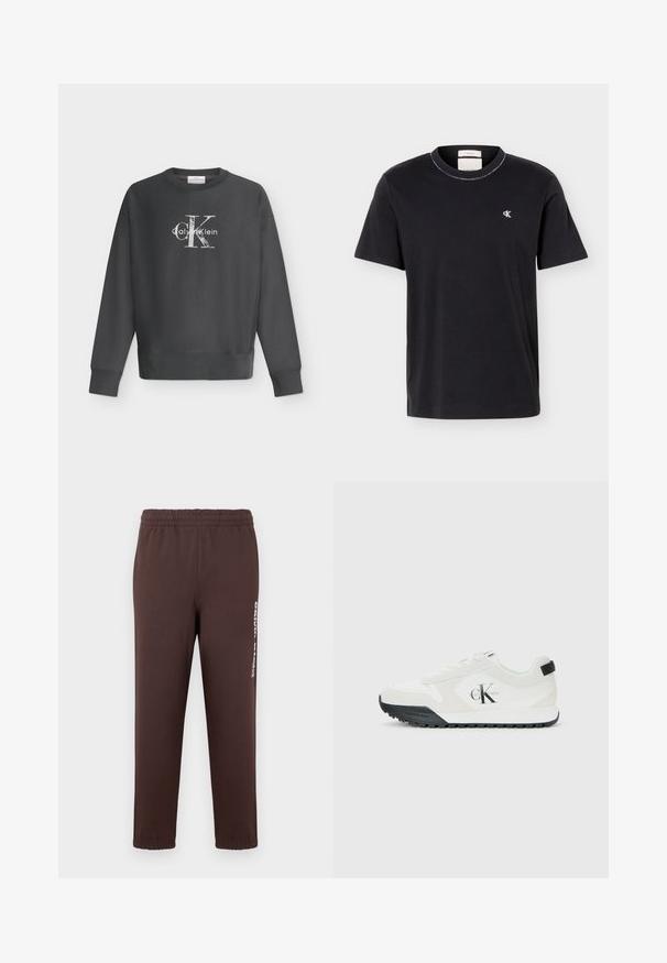 Tmavosivá mikina s dlhým rukávom a okrúhlym výstrihom s bielym logom Calvin Klein uprostred na hrudi na bielom pozadí.; Čierne tričko s krátkym rukávom a okrúhlym výstrihom, s malým bielym logom "cK" na ľavej strane hrudníka, klasického strihu, jednoduchého dizajnu.; Hnedé teplákové nohavice z mäkkej látky, s elastickým pásom a bielym logom potlačeným na ľavej nohe. Úzke manžety na členkoch.; Biele tenisky Calvin Klein s čiernou podrážkou, semišovými a sieťovinovými panelmi, logo CK na boku a značkovanie Calvin Klein na päte a podrážke.