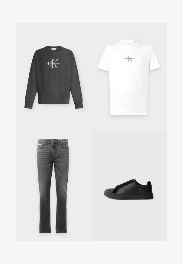 Dunkelgraues Sweatshirt mit Rundhalsausschnitt und langen Ärmeln, mit weißem Calvin Klein Logo mittig auf der Brust vor weißem Hintergrund.; Weißes Kurzarm-T-Shirt mit Rundhalsausschnitt und dem Logo "cK Calvin Klein" in Schwarz und Grau, zentriert auf der Brust.; Dunkelgraue Denim-Jeans mit geradem Bein, Fünf-Taschen-Design, subtilen Verblassungsmustern und Metallelementen am Taillenbund.; Schwarze Leder-Sneaker mit glatter Oberfläche, strukturierten Seitenpaneelen, runder Zehenpartie, flacher Sohle und Logo-Detail an der Seite. Verfügt über klassische Schnürung.
