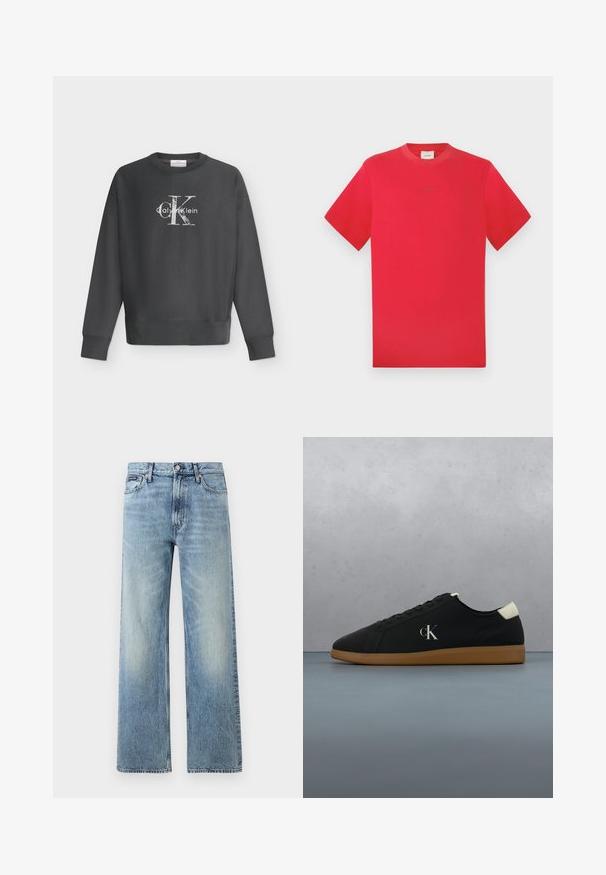 Tmavosivá mikina s dlhým rukávom a okrúhlym výstrihom s bielym logom Calvin Klein uprostred na hrudi na bielom pozadí.; Červené tričko s okrúhlym výstrihom vyrobené z bavlny. Krátke rukávy, jednoliate farby s jemným brandingom uprostred. Mäkko tkané a klasické strih.; Svetlomodré riflové nohavice s rovnými nohavicami, vysokým pásom, piatimi vreckami, zapínaním na gombík a jemným vyblednutím na stehnách a kolenách.; Čierne plátené tenisky s gumenou podrážkou, s kovovo strieborným logom "cK" na boku a bielym akcentom na päte. Nízke prevedenie.