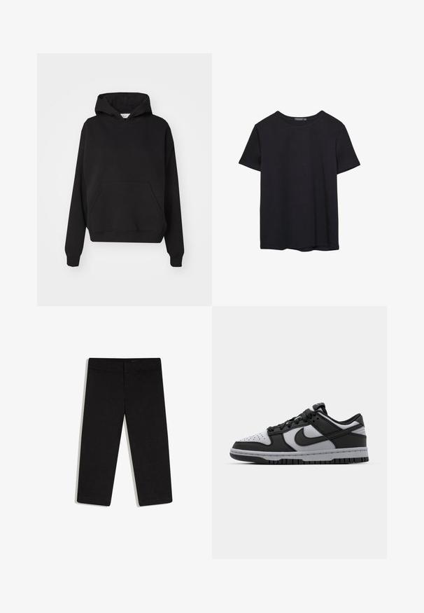 Gina Tricot ICONIC HOODIE - Sweat à capuche - black; T-shirt en coton noir à manches courtes, col rond, présenté sur un fond blanc.; Pantalon noir court à jambes droites, taille plate avec ceinture, sans poches visibles, présenté sur fond blanc.; Baskets basses Nike Dunk noires et grises avec un bout perforé, des accents en cuir lisse et une semelle en caoutchouc avec un motif de traction texturé.
