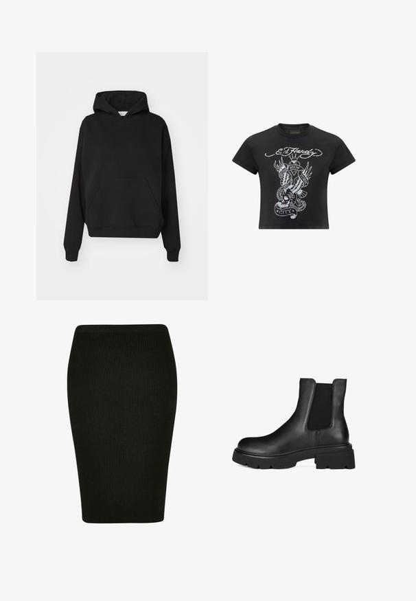 Gina Tricot ICONIC HOODIE - Hoodie - black; Zwart cropped t-shirt van katoen, met een grijze grafische print van een schedel, slang en vleugels, met het label "New York City."; Zwarte geribbelde kokerrok met een aansluitend ontwerp. Heeft een hoge tailleband en gestructureerde stof, waardoor een soepele silhouet ontstaat.; Zwarte leren enkellaars met elastische zijpanelen, een afgeronde neus en een dikke rubberen zool met een gestructureerd profiel voor grip.