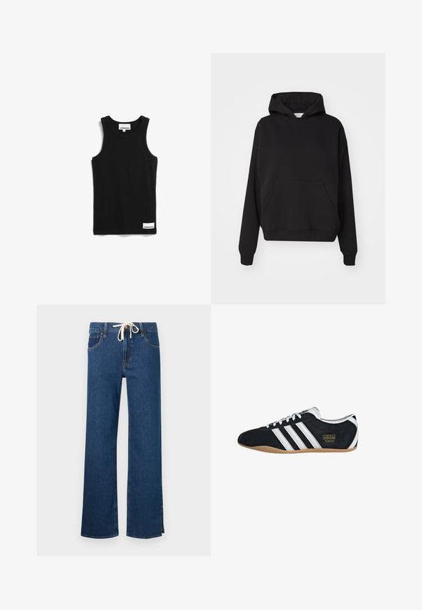 Gina Tricot ICONIC HOODIE - Hoodie - black; Zwart katoenen tanktop met een ronde halslijn, dikke schouderbanden en een klein wit merklabel nabij de zoom. Klassieke pasvorm, minimalistisch ontwerp.; Blauwe denim broek met rechte pijpen, voorzakken, knoopsluiting en witte trekkoord aan de tailleband.; Zwarte suède sneaker met witte drie strepen, gouden logo en een bruine rubberen zool. Heeft een laag profiel vetersluiting ontwerp.
