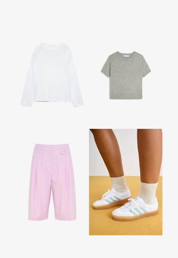 Pull en tricot gris clair à manches courtes avec encolure ronde côtelée et ourlet, posé à plat sur un fond blanc.; Chemise blanche à manches longues en tissu doux, dotée d'un col rond et de manches raglan avec une coupe ample et peu de détails.; Shorts taille haute rose clair sur mesure avec plis et petit détail de poche à rabat sur le côté droit.; Baskets blanches avec des rayures vert menthe, semelle en caoutchouc et lacets, associées à des chaussettes crème à côtes. Sur fond jaune.