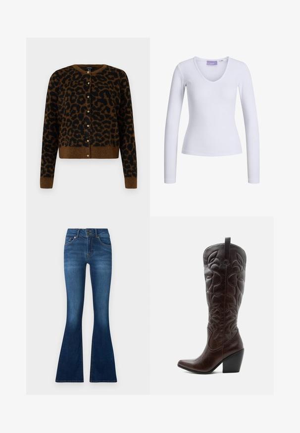Vero Moda VMNEWKAI O-NECK CARDIGAN - Chaqueta de punto - black; Camiseta blanca de manga larga con textura acanalada y diseño de escote en V. Etiqueta visible en el interior del cuello con el nombre de la marca "JJXX."; Jeans acampanados de mezclilla azul oscura. Cuenta con cierre de dos botones, cinco bolsillos y detalles de desvanecimiento en las piernas. Diseño de cintura estándar.; Bota vaquera alta de cuero marrón oscuro con patrones decorativos cosidos, punta puntiaguda y tacón de bloque apilado.